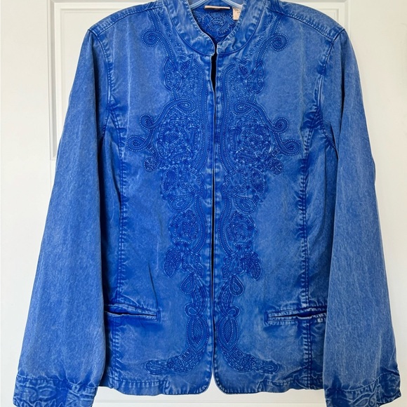 Chicos Women Size 2 (L) Distressed Y2K Blue Embroidered Cotton Jacket Travelers - Picture 5 of 15